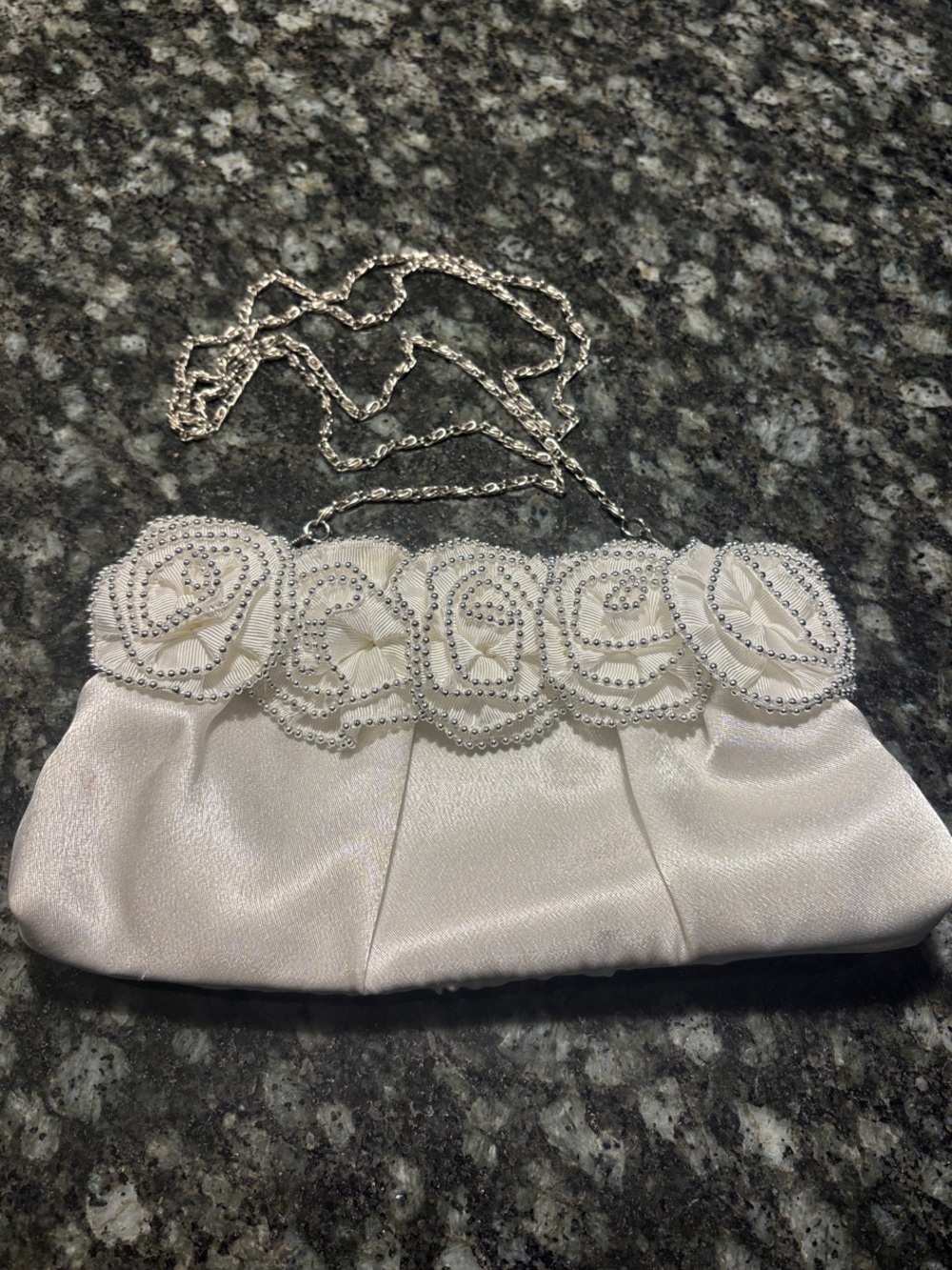 Elegant White Satin Floral Clutch with Removable Chain Strap